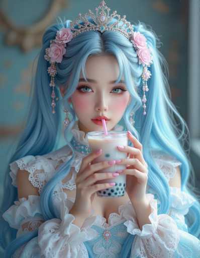 A woman with blue hair is holding a drink and wearing a tiara adorned with pink flowers. She is dressed in a white dress with lace sleeves and a matching white headpiece. The background features a blue wall with a window that allows natural light to enter the room.