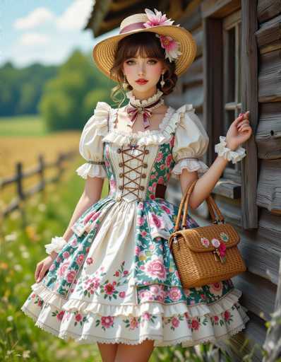 A young woman is standing against a wooden fence with her hands on her hips and wearing a traditional German dress adorned with pink flowers and white lace trim. She has a brown purse slung over one shoulder and a straw hat on her head. The background features a lush green field under a clear blue sky, creating a serene and picturesque setting for the woman's attire.