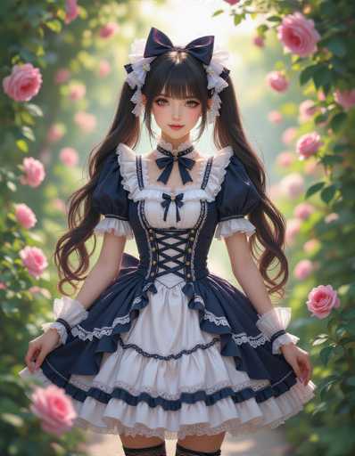 A young woman is standing in a garden surrounded by pink roses and white flowers. She is wearing a blue and white dress with a ruffled collar and a bow on her head. The background features lush green foliage that complements the vibrant colors of the flowers around her.