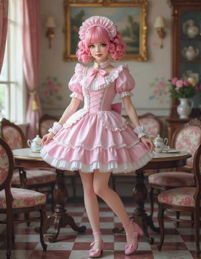 A charming, anime-style doll in a frilly pink maid outfit stands gracefully amidst a vintage dining room. The focus is on the doll's detailed attire and soft pink hair, positioned centrally against a backdrop of ornate furniture and a floral-patterned wall. The overall aesthetic is delicate and whimsical, emphasizing a romantic, doll-like charm.