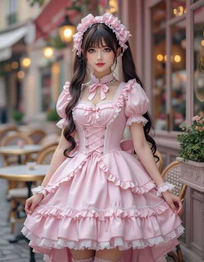 A cosplayer in a pastel pink Lolita dress with lace details and frills is the central focus. She's positioned in a charming outdoor setting, likely a cafe or shop, with blurred background elements. The art style is detailed and whimsical, emphasizing delicate textures and a soft color palette.