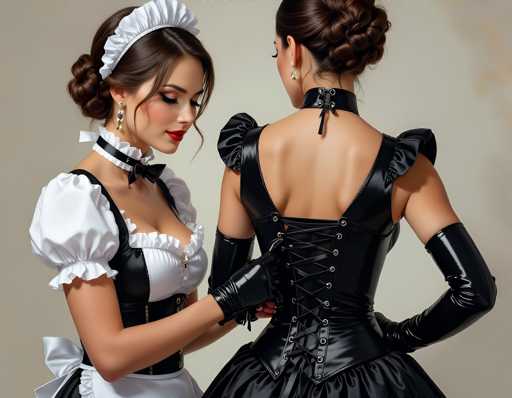 The image shows two women dressed in black and white costumes with ruffled collars and corsets. The woman on the left is wearing a white dress with a black collar and ruffled sleeves, while the woman on the right is wearing a black dress with a black collar and ruffled sleeves. Both women are wearing gloves and have their hair styled in braids.