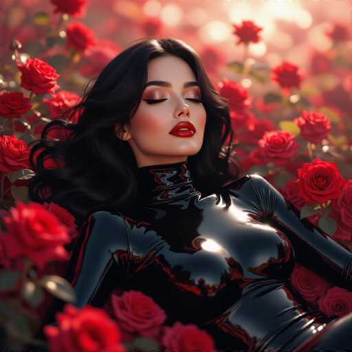 A woman with long, dark hair and red lipstick lies peacefully amidst a bed of vibrant red roses. She's wearing a shiny black bodysuit, and the scene is bathed in soft, warm light. The art style is photorealistic, emphasizing a dreamy, serene atmosphere with the focus on the woman's tranquil expression.