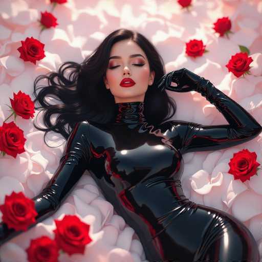 A woman in a glossy black bodysuit lies amidst a bed of white roses, her long dark hair cascading around her. Red roses are scattered amongst the petals. The art style is photorealistic, emphasizing smooth textures and soft lighting, creating a sensual and luxurious atmosphere.