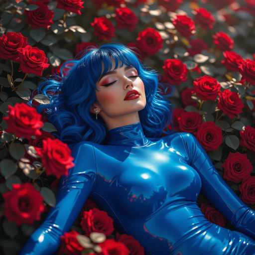 A woman with vibrant blue hair and a shiny blue bodysuit lies amidst a bed of deep red roses. The image is a digital art piece with a hyperrealistic style, emphasizing smooth textures and soft lighting, creating an intimate and dreamlike scene.