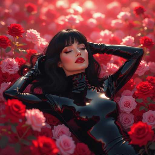 A woman in a glossy black bodysuit reclines amidst a sea of vibrant red and pink roses. Her dark hair cascades around her, and her eyes are closed in a serene expression. The art style is digital painting, emphasizing soft lighting and a dreamy, romantic atmosphere with the focus on texture and light reflections.