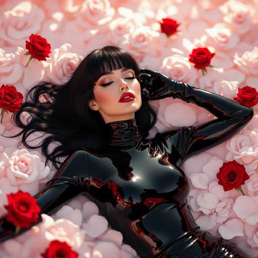 A woman in a glossy black bodysuit lies amidst a bed of soft, pink roses and red roses. Her long, dark hair cascades around her, and she's wearing bold red lipstick. The art style is a blend of digital illustration and photorealism, emphasizing smooth textures and soft lighting.