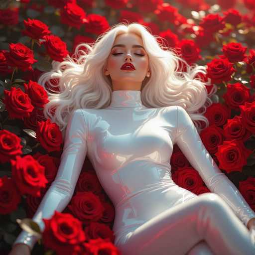 A serene, ethereal woman with flowing platinum blonde hair and red lips lies amidst a bed of vibrant red roses. She wears a sleek, white bodysuit, her eyes closed in peaceful repose. The scene is bathed in soft light, creating a dreamy, almost surreal atmosphere with a focus on the woman's delicate form and the luxurious floral arrangement.