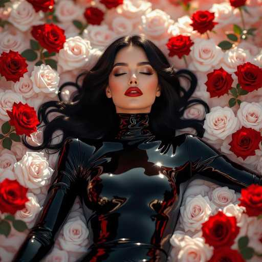 A woman with long, dark hair and red lipstick lies amidst a bed of red and white roses. She's wearing a shiny black bodysuit, creating a glossy contrast with the soft flowers. The image is highly stylized, likely digital art, emphasizing a dreamy, sensual atmosphere with the focus on the woman's serene expression.
