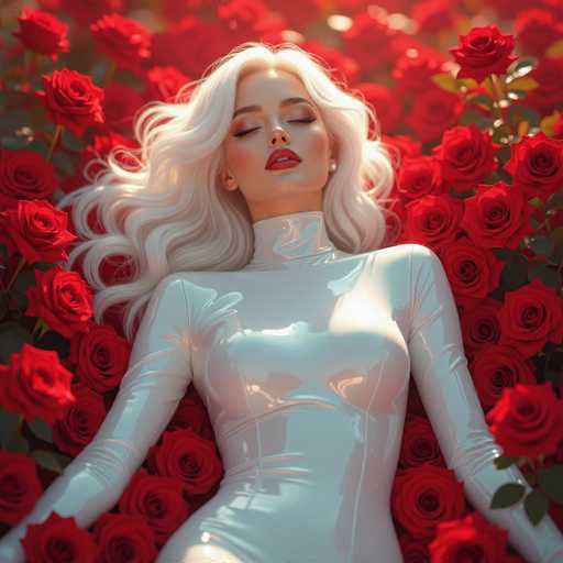 A serene, ethereal woman with flowing blonde hair lies amidst a bed of vibrant red roses. She wears a sleek, white bodysuit and is adorned with pearl earrings. The art style is photorealistic, emphasizing soft lighting and a dreamy, romantic atmosphere.