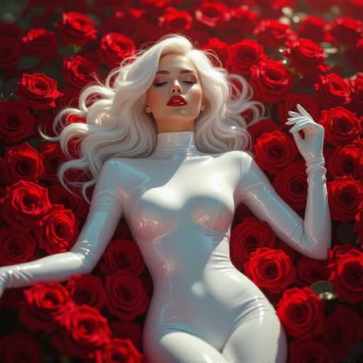 A serene, ethereal woman with flowing platinum blonde hair and red lipstick lies amidst a sea of vibrant red roses. She wears a sleek, white bodysuit, her body perfectly positioned amongst the blooms. The art style is photorealistic, emphasizing soft lighting and a dreamlike atmosphere.