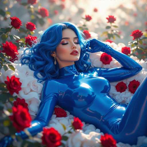 A serene, digitally-rendered image features a woman with vibrant blue hair and a blue bodysuit reclining amidst a bed of white roses and red roses. She's adorned with elegant earrings, her eyes closed in peaceful repose. The art style is highly polished and dreamlike, emphasizing soft lighting and a focus on the woman's form.