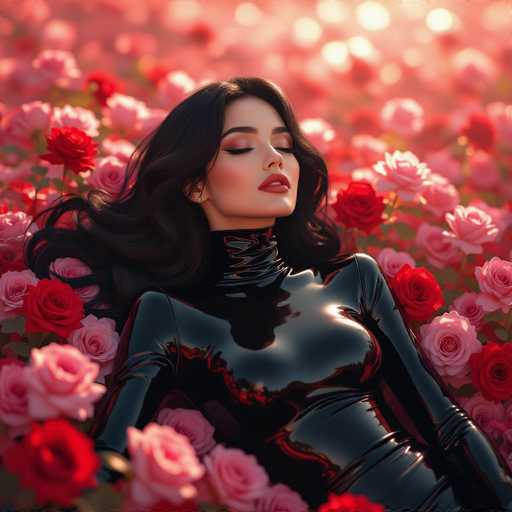 A woman with long, dark hair and red lipstick lies peacefully amidst a sea of vibrant pink roses. She's wearing a glossy black bodysuit, reflecting the soft light. The scene is bathed in a warm, dreamy glow, with an ethereal, almost surreal quality characteristic of digital art.