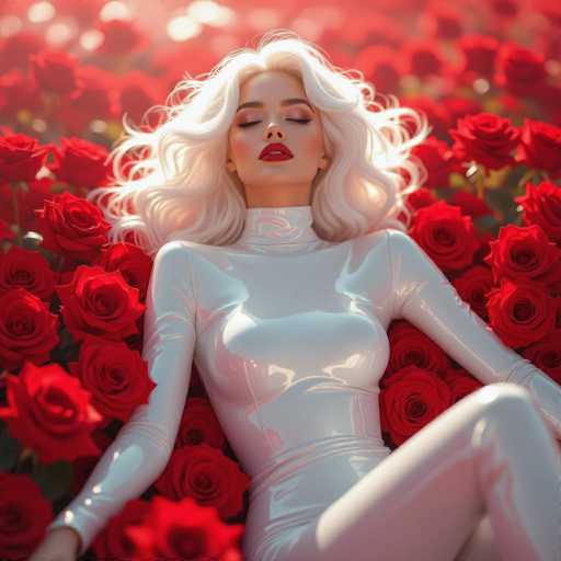 A serene, ethereal woman with flowing platinum blonde hair and red lipstick reclines amidst a sea of vibrant red roses. She's clad in a glossy white bodysuit, bathed in soft sunlight, creating a dreamlike, high-fashion portrait with a focus on luxurious texture and gentle light.