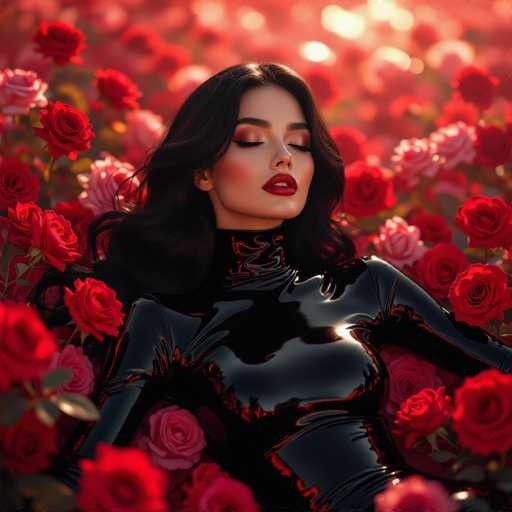 A woman with long, dark hair and red lipstick lies amidst a sea of vibrant red roses. She's wearing a glossy black bodysuit, and the scene is bathed in a soft, warm light. The art style is photorealistic, emphasizing a dreamy, romantic atmosphere with the woman as the central focus.