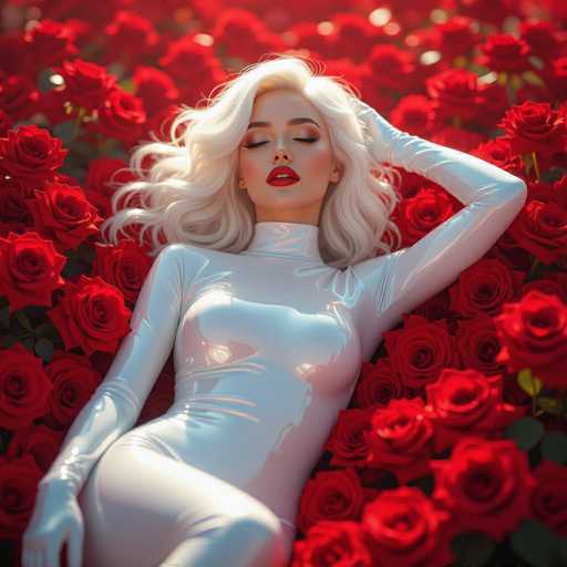 A woman with voluminous blonde hair and red lipstick reclines amidst a sea of vibrant red roses. She wears a sleek, white, form-fitting bodysuit, creating a striking contrast with the floral backdrop. The image is rendered in a photorealistic style, emphasizing soft lighting and a dreamy, romantic atmosphere.