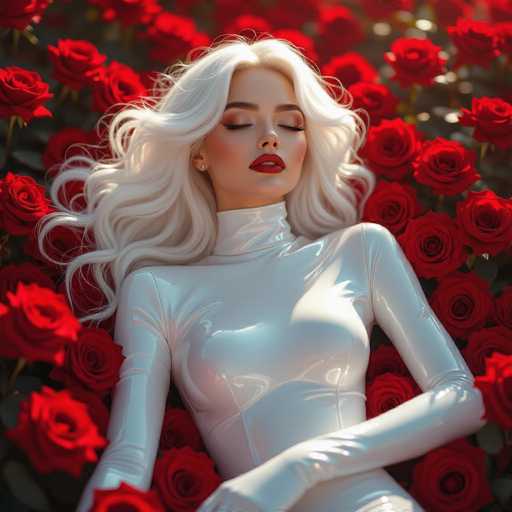 A serene, ethereal woman with flowing platinum blonde hair and red lips lies amidst a bed of vibrant red roses. She wears a glossy white bodysuit, her eyes closed in peaceful repose. The art style is digital painting, emphasizing soft lighting and a dreamlike atmosphere with the focus on the woman's tranquil expression.