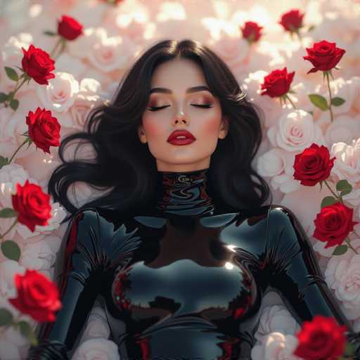 A serene woman with long, dark hair and red lipstick lies amidst a bed of white roses and vibrant red roses. She's wearing a glossy black bodysuit, creating a reflective surface that mirrors the flowers. The art style is digital painting, emphasizing soft lighting and a dreamy, ethereal atmosphere.