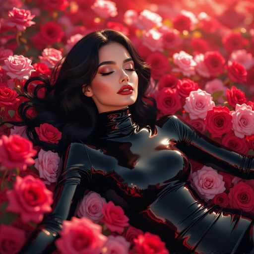 A woman with long, dark hair and red lipstick lies peacefully amidst a bed of vibrant pink roses. She wears a glossy black bodysuit, blending seamlessly with the dark, reflective surface. The scene is bathed in soft, warm light, creating a dreamy, surreal atmosphere with a focus on the woman's serene expression.