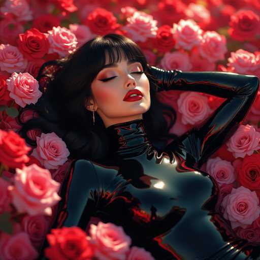 A woman with long, dark hair and red lipstick lies amidst a sea of vibrant pink roses. She's wearing a shiny black bodysuit, and her eyes are closed in a serene expression. The image is a digital art piece with a soft, dreamlike quality, emphasizing the woman's beauty and the abundance of flowers.