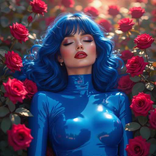 A woman with vibrant blue, voluminous hair and a shiny blue bodysuit lies amidst a bed of red roses. Her eyes are closed, suggesting tranquility. The art style is digital and surreal, with a soft, dreamlike quality emphasized by the glowing light filtering through the roses.
