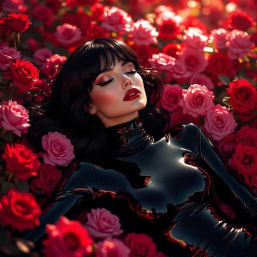 A woman with dark hair and red lipstick lies amidst a sea of vibrant pink roses, wearing a glossy black bodysuit. The image is a digital art piece with a soft, dreamlike quality, emphasizing the woman's serene expression and the immersive floral setting.