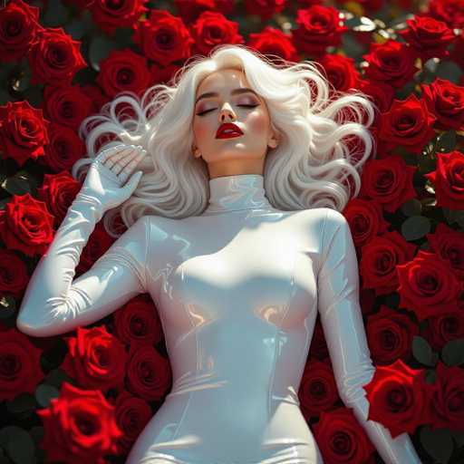 A serene, ethereal woman with flowing white hair and red lips lies amidst a bed of vibrant red roses. She wears a glossy white bodysuit, her hand gently resting on her head. The image is a digital art piece with a soft, dreamlike quality, emphasizing smooth textures and dramatic lighting.