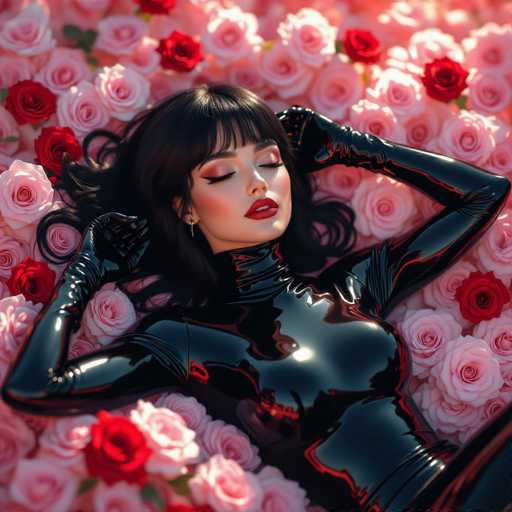 A woman in a glossy black bodysuit and matching gloves lies amidst a bed of pink roses, eyes closed. The art style is hyperrealistic, emphasizing smooth textures and soft lighting, creating a dreamy, intimate scene. The woman's dark hair cascades around her, and the roses are densely packed, suggesting a luxurious, almost surreal setting.