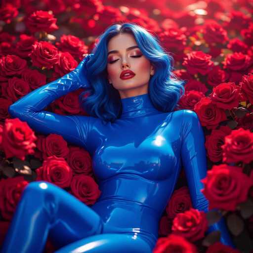 A woman in a shiny blue bodysuit reclines amidst a sea of vibrant red roses, her eyes closed. The image is a high-fashion, surreal portrait with a focus on texture and dramatic lighting, emphasizing the glossy fabric and soft petals.