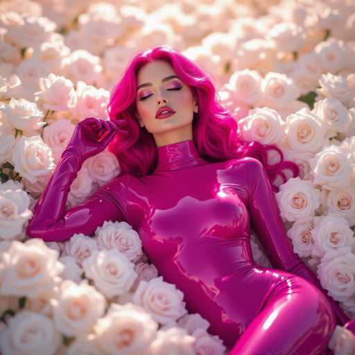 A woman with vibrant pink hair and a matching pink bodysuit lies amidst a sea of pristine white roses. The image is a high-fashion, dreamy portrait with soft lighting and a focus on texture and color. The spatial relationship is one of immersion, emphasizing the woman's serene presence within the floral abundance.