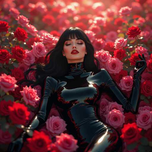 A woman in a glossy black bodysuit reclines amidst a sea of vibrant red roses, her long black hair cascading around her. The scene is bathed in soft, warm light, creating a dreamlike, romantic atmosphere with a focus on smooth, polished textures and a slightly surreal composition.