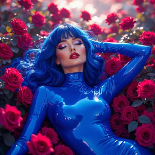 A woman with vibrant blue hair and a glossy blue bodysuit lies amidst a bed of deep red roses. Her eyes are closed, suggesting tranquility. The art style is highly stylized and digital, emphasizing smooth surfaces and a dreamlike atmosphere with soft lighting.