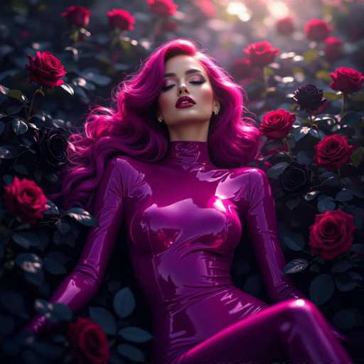 A woman with vibrant pink hair reclines amidst a bed of dark, velvety roses. She wears a glossy purple bodysuit, her face serene as sunlight filters through the foliage. The image is a digital art piece with a dreamy, surreal quality, emphasizing rich textures and dramatic lighting.