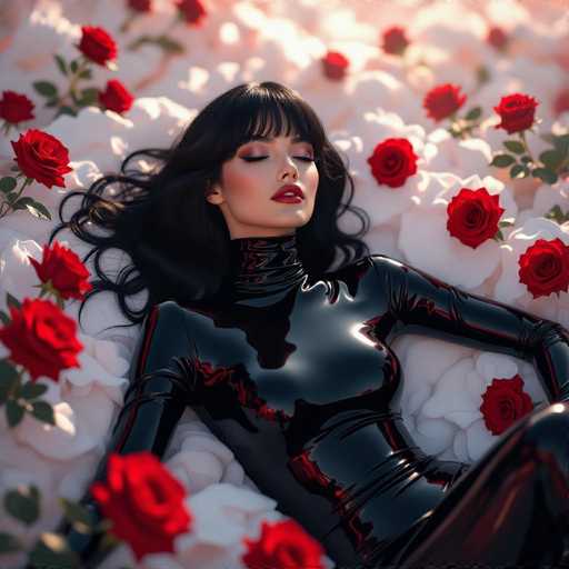 A woman in a glossy black bodysuit lies amidst a bed of white roses and red roses, eyes closed. The art style is photorealistic, emphasizing soft lighting and a dreamy, serene atmosphere. The woman's dark hair flows around her, creating a sense of peaceful repose within the floral abundance.