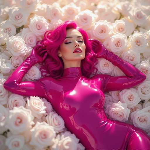 A woman with vibrant pink hair and a matching pink bodysuit lies amidst a sea of white roses, eyes closed in repose. The glossy, reflective suit contrasts with the soft, delicate flowers, creating a surreal and dreamlike composition. The art style is highly stylized, emphasizing a glamorous, almost ethereal aesthetic with soft lighting and a focus on texture.