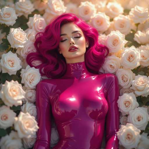 A woman with vibrant pink hair and a glossy pink bodysuit lies surrounded by a bed of white roses. The image is a high-contrast, glamorous portrait with a focus on soft lighting and a surreal, dreamlike atmosphere. The spatial relationship is intimate, emphasizing the woman's serene repose amidst the floral abundance.