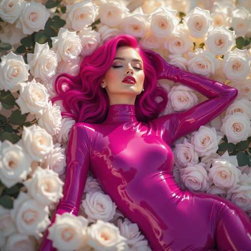A woman with vibrant pink hair and a matching bodysuit lies surrounded by a sea of white roses. The image is a high-fashion, artistic portrait with a focus on soft lighting and a dreamy, romantic aesthetic. The spatial relationship is one of immersion, with the woman seemingly enveloped by the flowers.