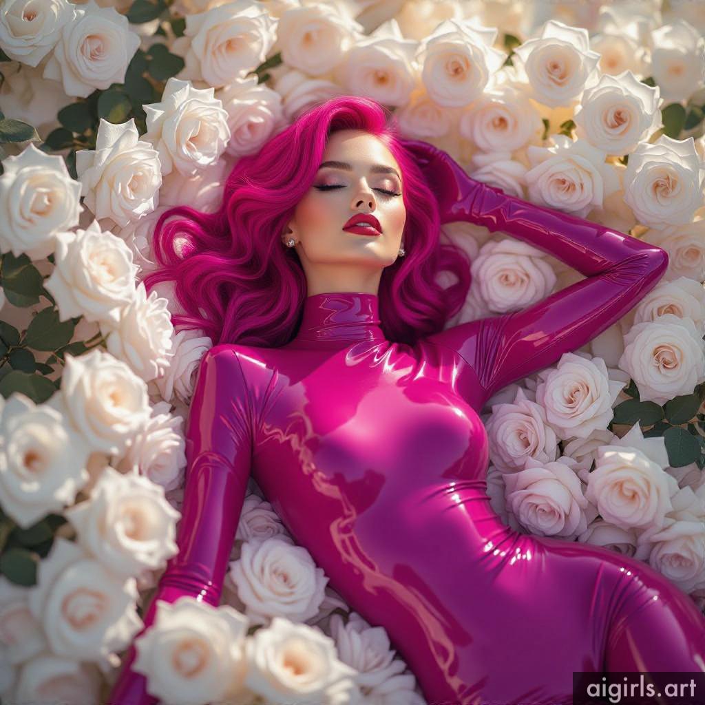 AI girls in latex lying on roses.