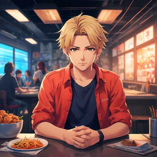 A young anime-style boy with short, spiky blonde hair and brown eyes sits at a table in a brightly lit ramen shop. He's wearing an orange button-down shirt over a dark blue t-shirt and has his hands clasped in front of him on the table. He's looking directly at the viewer with a slightly serious expression. The background is blurred, showing other people dining in the shop and some ramen-themed decorations on the walls. The overall lighting is warm, creating a cozy atmosphere.