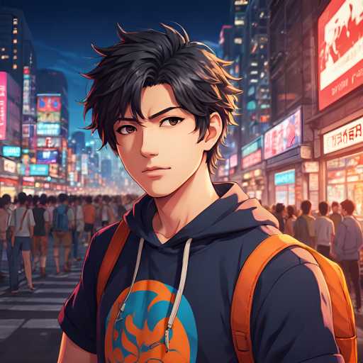 The image depicts a young man with spiky hair and an orange backpack walking down a busy city street at night. The background is filled with bright neon signs and buildings, creating a vibrant urban atmosphere.