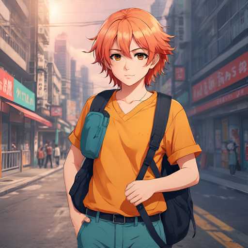 A young anime boy with vibrant orange, slightly messy hair and warm brown eyes stands confidently in the center of a bustling city street. He's wearing an orange V-neck t-shirt, teal jeans, and a dark blue backpack with a bright teal pouch on the front. His right hand is casually tucked into his pocket, while his left arm hangs down, holding the backpack strap. He has a slight, friendly smile on his face and is looking directly at the viewer. The background features blurred buildings with vibrant neon signs in Japanese, suggesting a lively urban environment. The lighting is soft and warm, possibly indicating late afternoon or early evening, with a gentle glow emanating from the left side of the image. The overall style is detailed and anime-inspired, with a focus on character expression and dynamic composition.