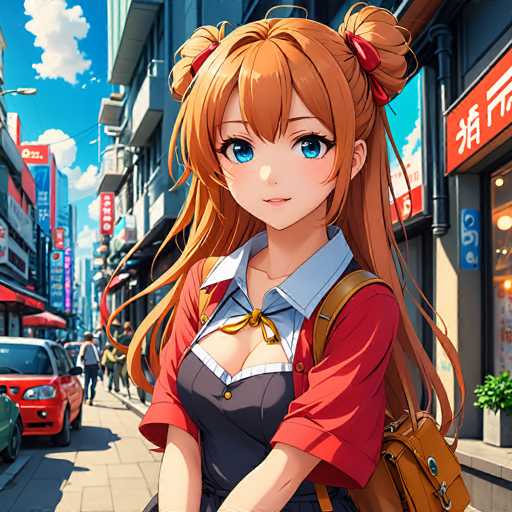 A vibrant, anime-style illustration of a young girl with long, flowing orange hair styled in two high pigtails adorned with red ribbons. She has bright blue eyes and a gentle smile, wearing a dark navy sailor-style uniform with a red cardigan. A light blue collared shirt peeks out from under the cardigan, and she has a brown backpack slung over her shoulder. She's standing on a bustling city street, looking directly at the viewer with a friendly expression. The background features colorful Japanese storefronts and other pedestrians, creating a lively urban scene with a bright, sunny sky. The overall style is detailed and colorful, typical of anime art.