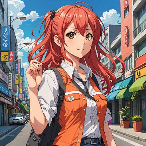 A vibrant anime-style illustration of a young woman with long, flowing red hair and large, expressive brown eyes. She's wearing a stylish orange vest over a white collared shirt and a dark gray backpack, giving her an energetic schoolgirl look. She's standing on a bustling city street with colorful storefronts and bright signs in the background, suggesting a lively urban setting. The overall style is detailed and colorful, with a focus on dynamic hair and expressive facial features typical of anime art.