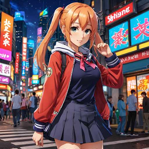 A vibrant, anime-style illustration of a young woman standing confidently in the middle of a bustling Tokyo street at night. She has bright orange hair styled in two high pigtails, and she's wearing a stylish school uniform consisting of a red jacket with blue stripes, a navy blue sailor-style shirt with a red ribbon, and a dark blue pleated skirt. Her expression is friendly and inviting, with a slight smile on her face. The background features brightly lit neon signs in Japanese script and English, creating a lively urban atmosphere. Other people are blurred in the background, suggesting a crowded city street. The overall color palette is rich and saturated, with deep blues, vibrant reds, and bright neon accents. The lighting emphasizes the woman's face and clothing, drawing attention to her as the focal point of the image.
