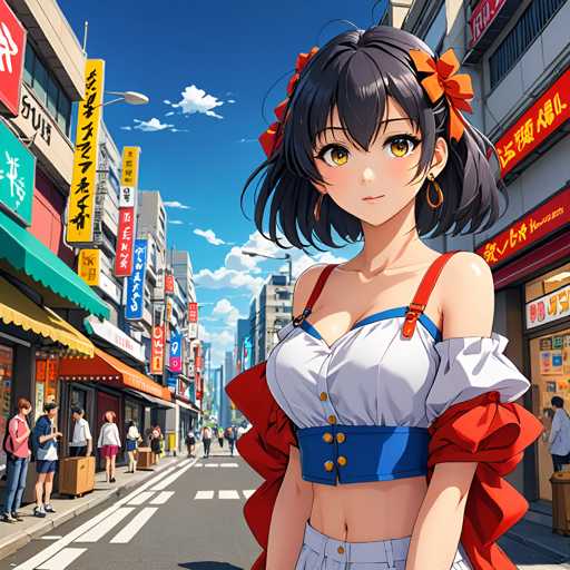 The image depicts a woman with black hair and an orange bow on her head standing on the sidewalk of a busy street lined with colorful buildings. The woman is wearing a white top and red skirt, and she has a serious expression on her face as she looks directly at the camera.