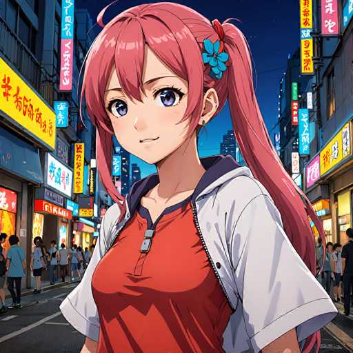 A vibrant anime-style illustration of a young woman with bright pink hair, wearing a red t-shirt and a white hooded jacket. She has large blue eyes and a gentle smile, looking directly at the viewer. The background depicts a bustling city street at night, filled with colorful neon signs in Japanese script and people walking on the sidewalks. The overall style is detailed and colorful, with a focus on character design and atmospheric lighting.