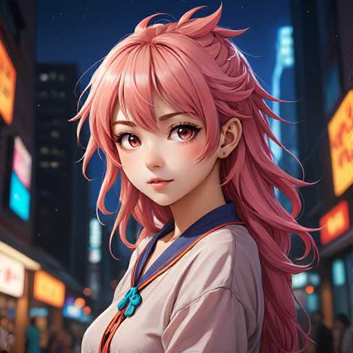A detailed, high-quality digital painting of a young anime girl with vibrant pink hair and large, expressive eyes. She's wearing a light beige top with blue accents and a teal-blue accessory, standing in front of a bustling city street at night. The background is blurred but suggests neon signs and other urban elements, creating a vibrant and slightly dreamy atmosphere. The girl has a gentle smile and her gaze is directed towards the viewer, conveying a sense of calm confidence. The overall style is reminiscent of modern anime art with soft lighting and detailed textures.