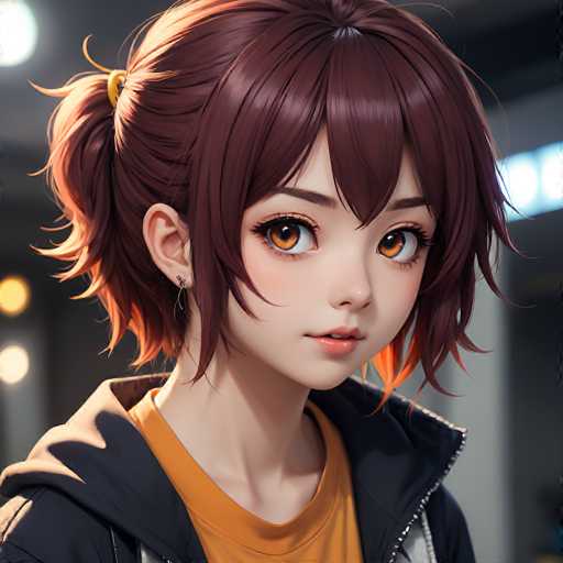 A detailed, high-quality digital painting of a young anime girl with short, reddish-brown hair styled in a high ponytail. She has large, expressive brown eyes with warm highlights, and her skin is fair with a subtle rosy blush on her cheeks. She's wearing a black hooded jacket over an orange t-shirt, and has small silver hoop earrings. Her expression is gentle and slightly inquisitive, with a soft smile playing on her lips. The background is softly blurred, suggesting an out-of-focus environment with warm, soft lighting sources. The overall style is detailed and anime-inspired, emphasizing delicate features and a slightly stylized aesthetic.