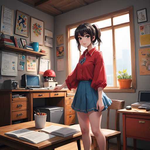 A young anime girl in a school uniform stands in a cozy, cluttered study room. She's wearing a red long-sleeved shirt and a blue pleated skirt, with her dark hair tied in two pigtails. She's looking slightly to the right, seemingly engaged with something on her desk. The room is filled with books, papers, and various school supplies, creating a warm and inviting atmosphere. The lighting is soft, highlighting the details of her outfit and the room's contents.