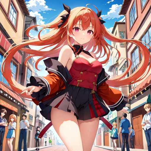 The image depicts an anime character with long red hair and a black top, standing on the street wearing a red dress and a black jacket with a gold emblem. The character is facing away from the camera, giving the impression of being in motion or about to embark on a journey. In the background, there are buildings and people going about their day, adding depth and context to the scene.
